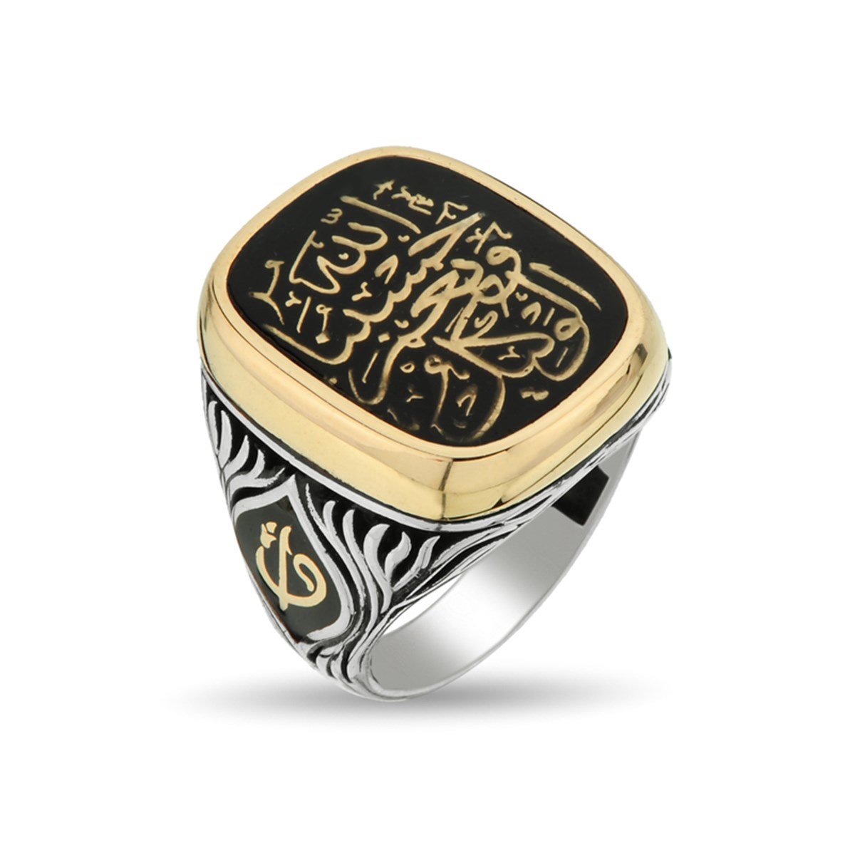 Değişebilir Yan Sembollü Dikdörtgen TV Kasalı Yeni Hat Tasarımlı Hasbünallâhu ve Nİ'me'l Vekil 925 Ayar Gümüş Erkek Yüzük
