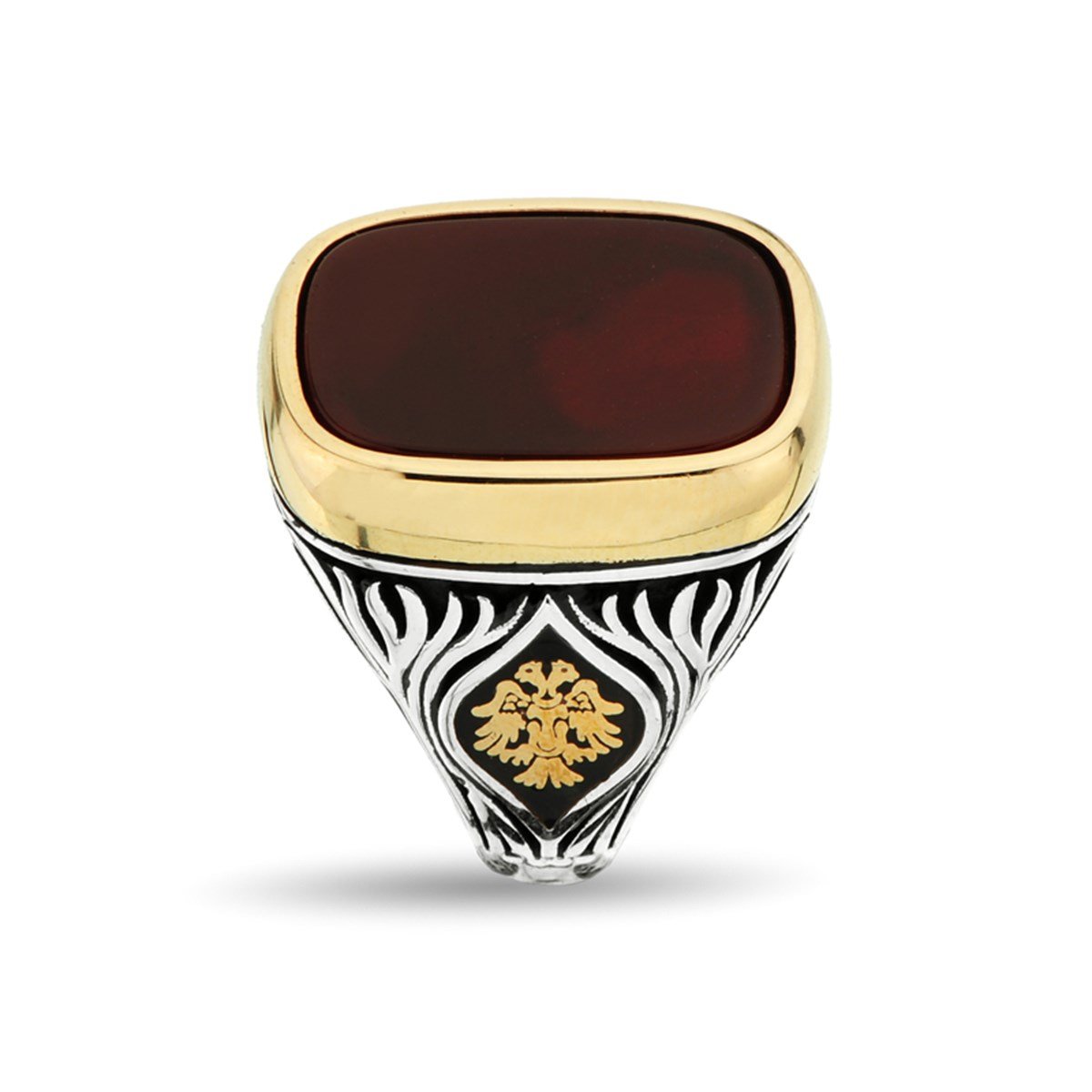 Değişebilir Yan Sembollü Dikdörtgen TV Kasalı Yeşil Akik Taşlı 925 Ayar Gümüş Erkek Yüzük