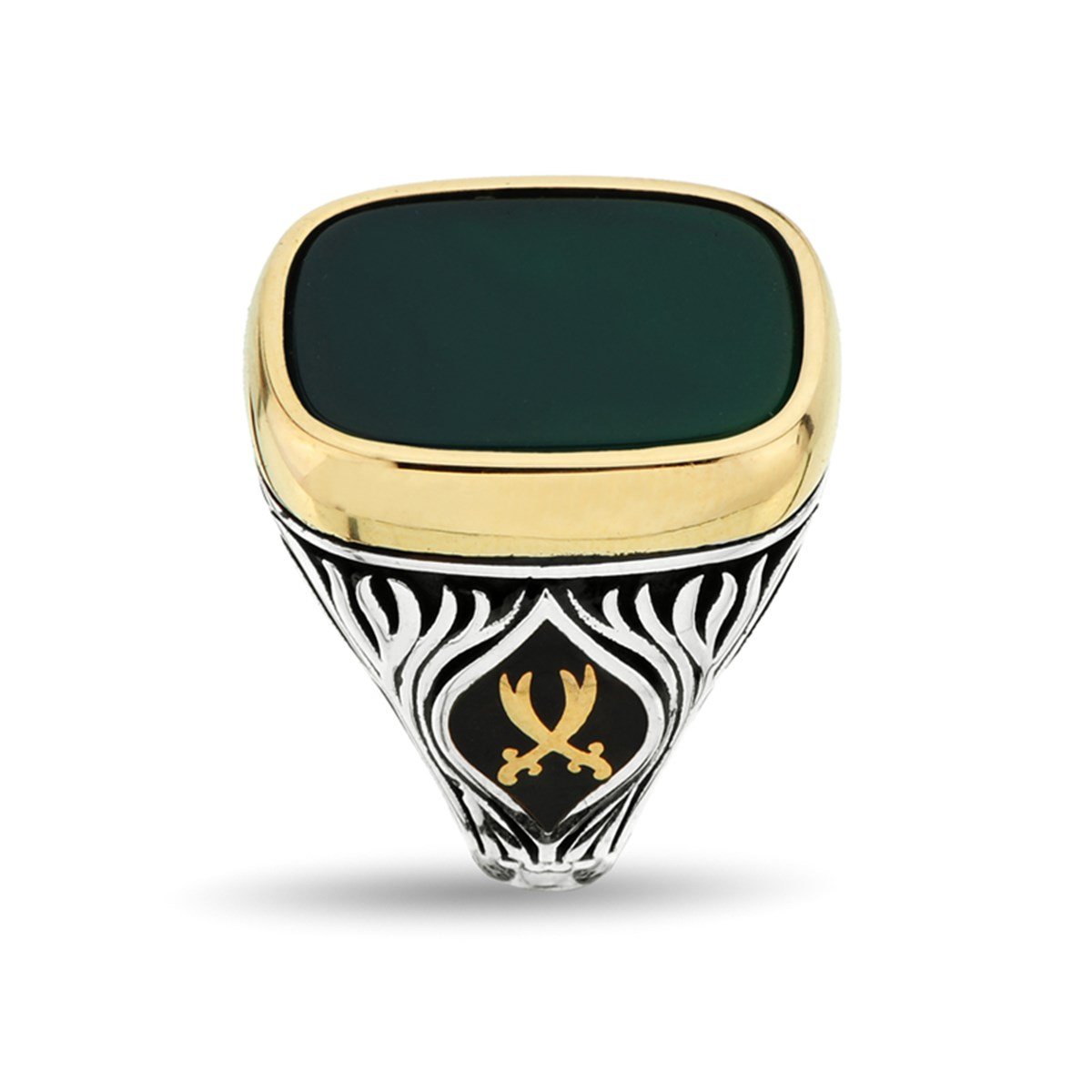 Değişebilir Yan Sembollü Dikdörtgen TV Kasalı Yeşil Akik Taşlı 925 Ayar Gümüş Erkek Yüzük