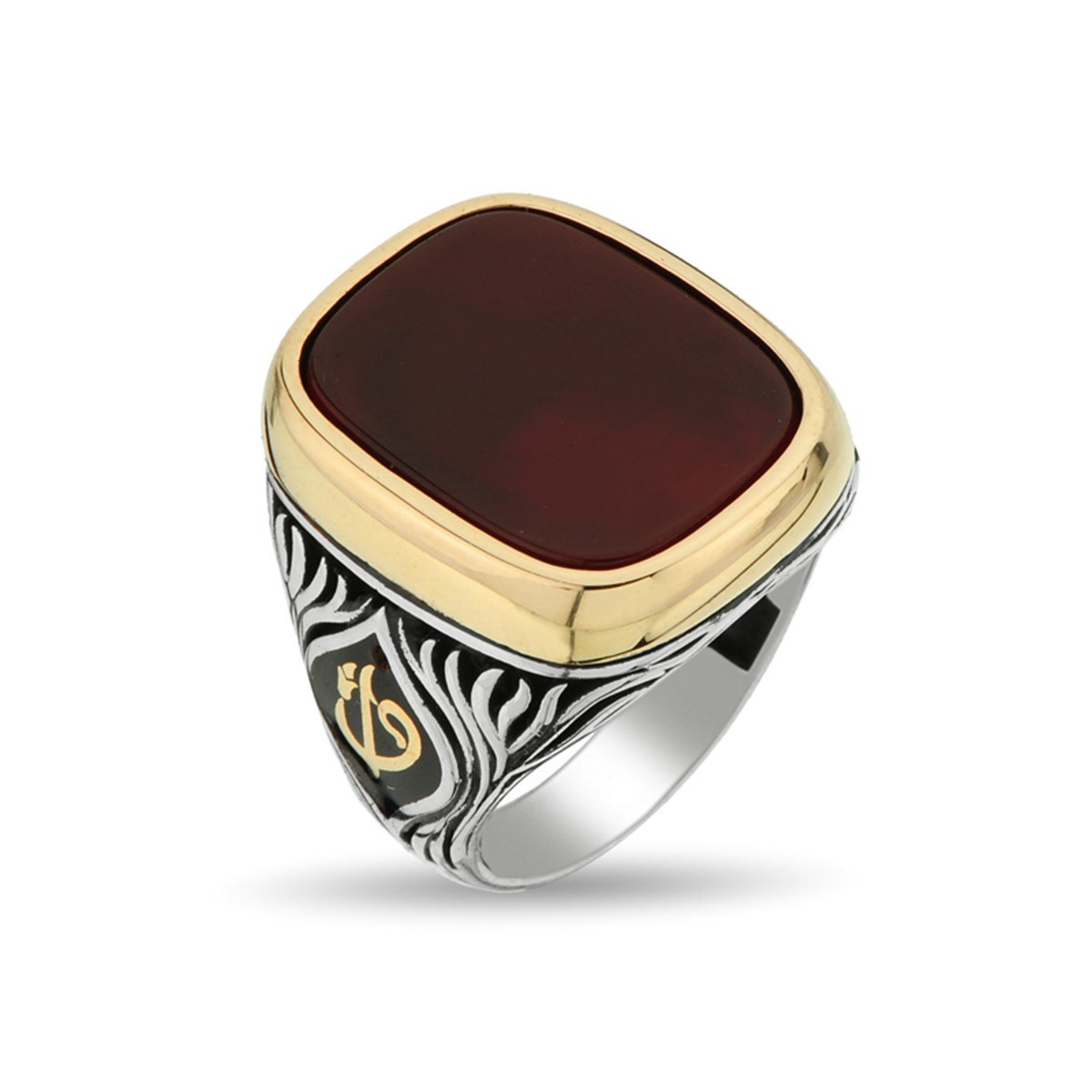 Değişebilir Yan Sembollü Dikdörtgen TV Kasalı Yeşil Akik Taşlı 925 Ayar Gümüş Erkek Yüzük