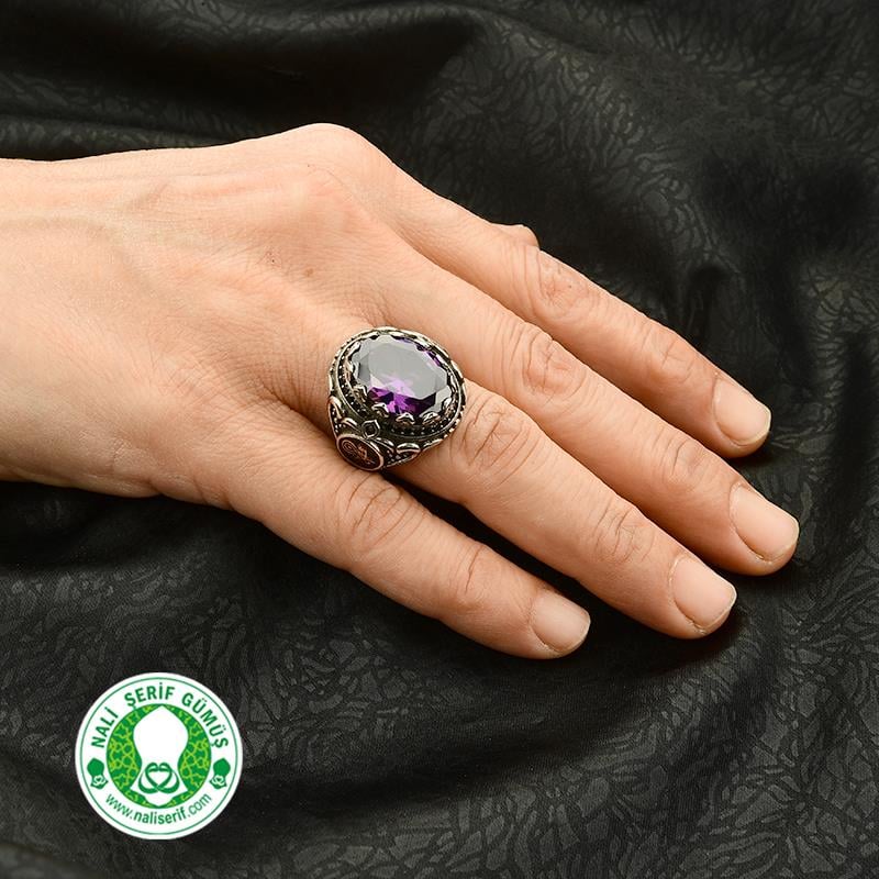 Değişebilir Yan Sembollü Oval Kasalı Amatis Taşlı Gümüş Erkek Yüzük