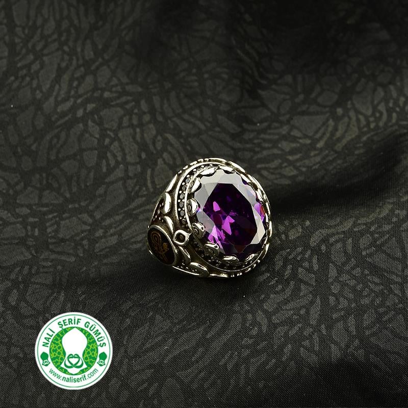 Değişebilir Yan Sembollü Oval Kasalı Amatis Taşlı Gümüş Erkek Yüzük