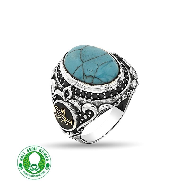 Değişebilir Yan Sembollü Oval Kasalı Kapşonlu Firuze Taşlı Gümüş Erkek Yüzük