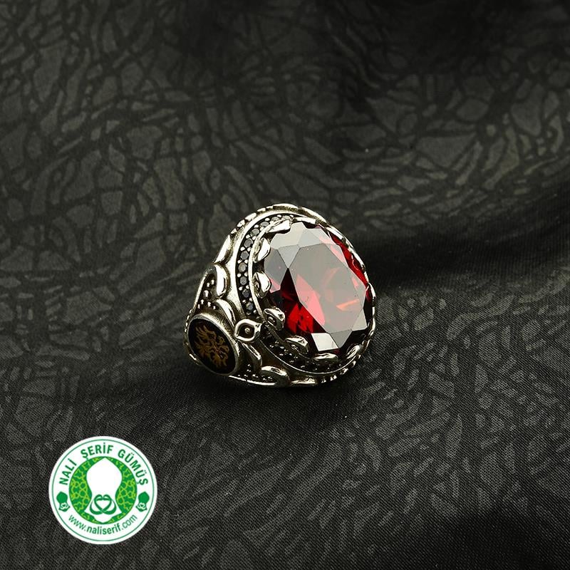 Değişebilir Yan Sembollü Oval Kasalı Kırmızı Garnet Zirkon Taşlı Gümüş Erkek Yüzük