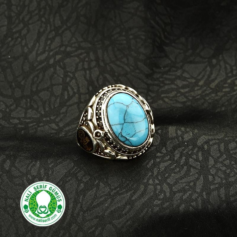 Değişebilir Yan Sembollü Oval Kasalı Kapşonlu Firuze Taşlı Gümüş Erkek Yüzük