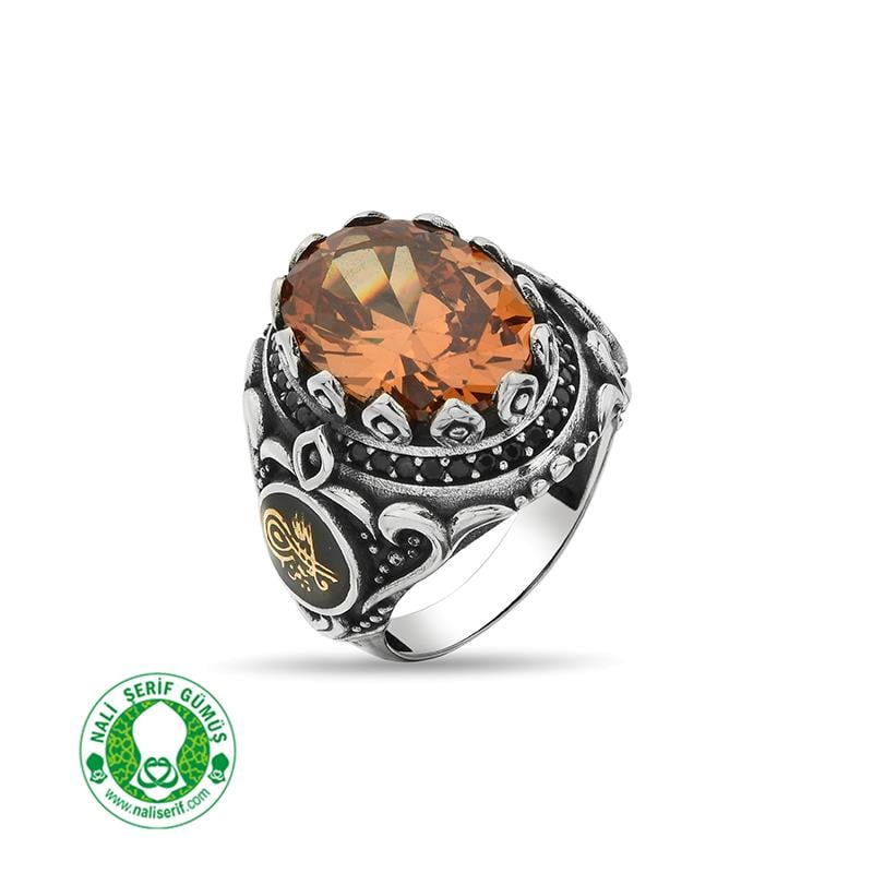 Değişebilir Yan Sembollü Oval Kasalı Strin Taşlı Gümüş Erkek Yüzük