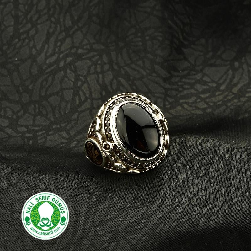 Değişebilir Yan Sembollü Oval Kasalı Siyah Akik Taşlı Gümüş Erkek Yüzük