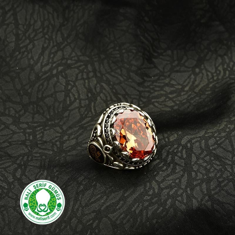 Değişebilir Yan Sembollü Oval Kasalı Strin Taşlı Gümüş Erkek Yüzük