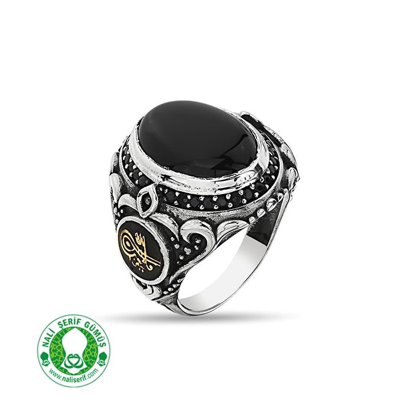 Değişebilir Yan Sembollü Oval Kasalı Siyah Akik Taşlı Gümüş Erkek Yüzük