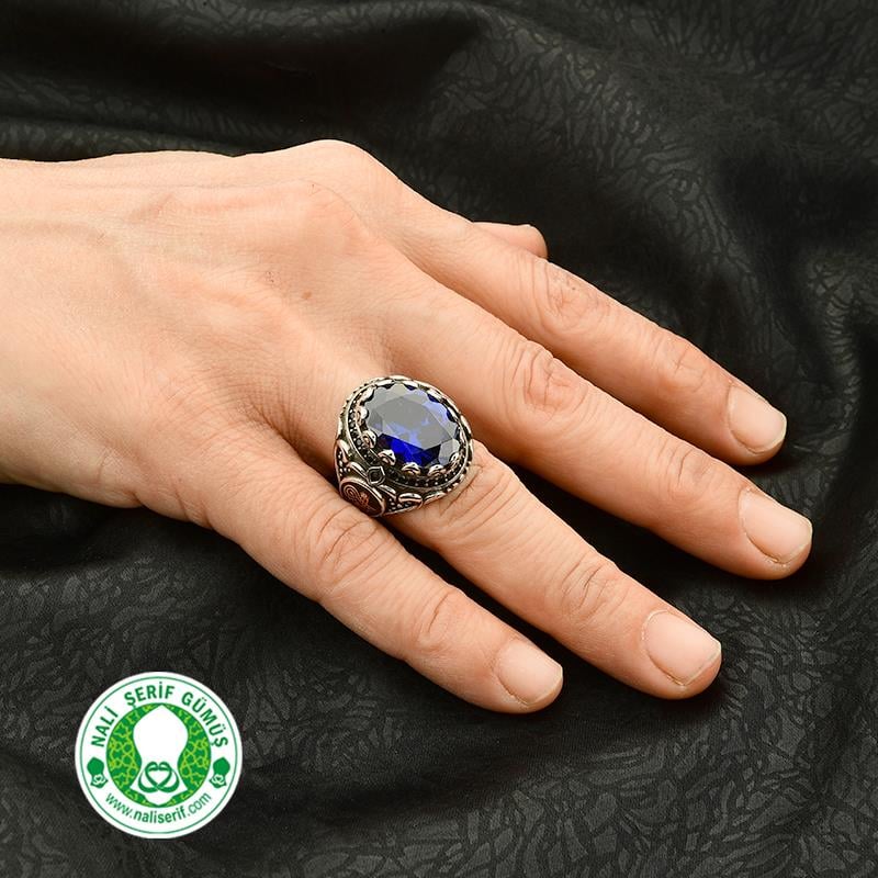 Değişebilir Yan Sembollü Oval Kasalı Safir Taşlı Gümüş Erkek Yüzük