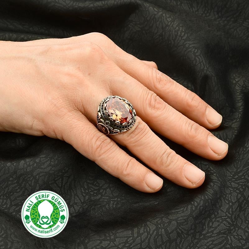 Değişebilir Yan Sembollü Oval Kasalı Strin Taşlı Gümüş Erkek Yüzük