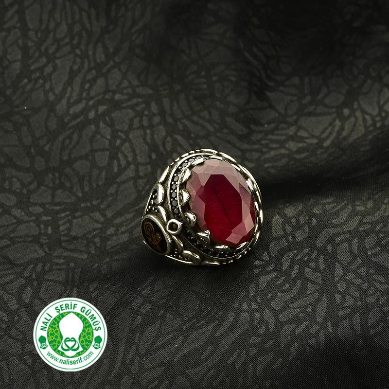 Değişebilir Yan Sembollü Oval Kasalı Yakut Ruby Taşlı Gümüş Erkek Yüzük