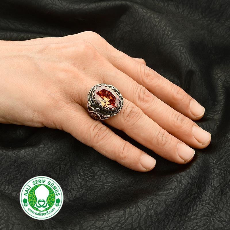 Değişebilir Yan Sembollü Oval Kasalı Zultanit Taşlı Gümüş Erkek Yüzük