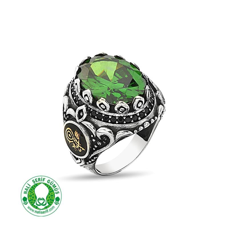 Değişebilir Yan Sembollü Oval Kasalı Zümrüt Yeşili Taşlı Gümüş Erkek Yüzük