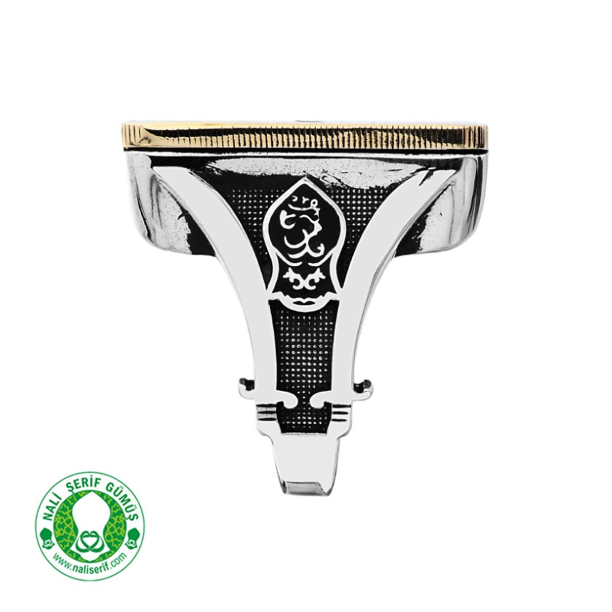 Dikdörtgen Kasalı Nali Şerif ve Zülfikar Kılınç Kol İşlemeli Bordo Mineli Barbaros Hayrettin Paşa Sancağı Gümüş Erkek Yüzük 