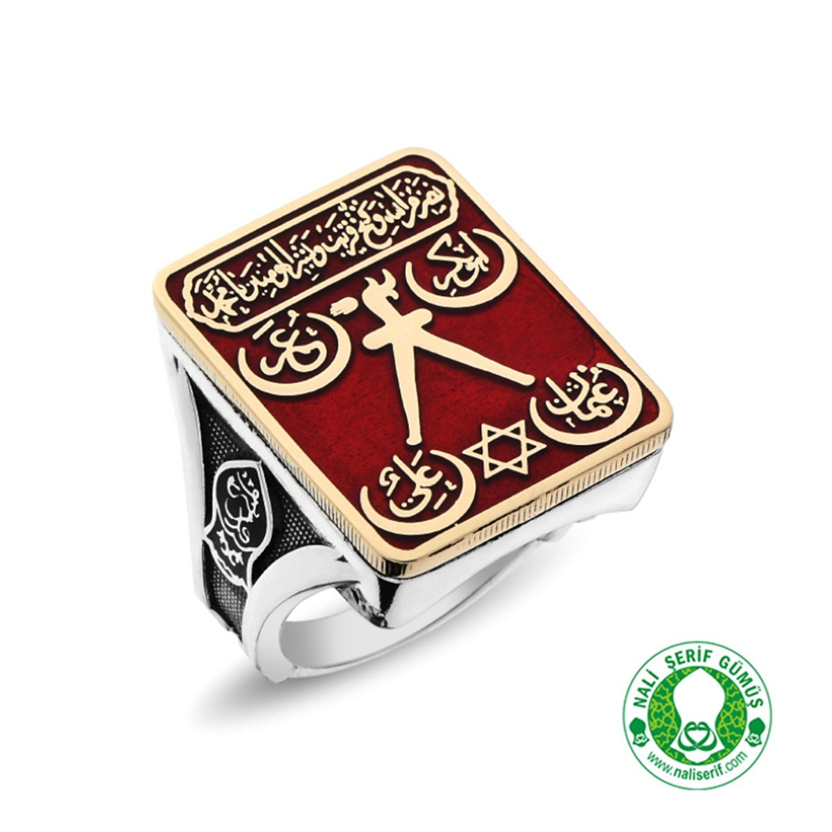 Dikdörtgen Kasalı Nali Şerif ve Zülfikar Kılınç Kol İşlemeli Bordo Mineli Barbaros Hayrettin Paşa Sancağı Gümüş Erkek Yüzük 