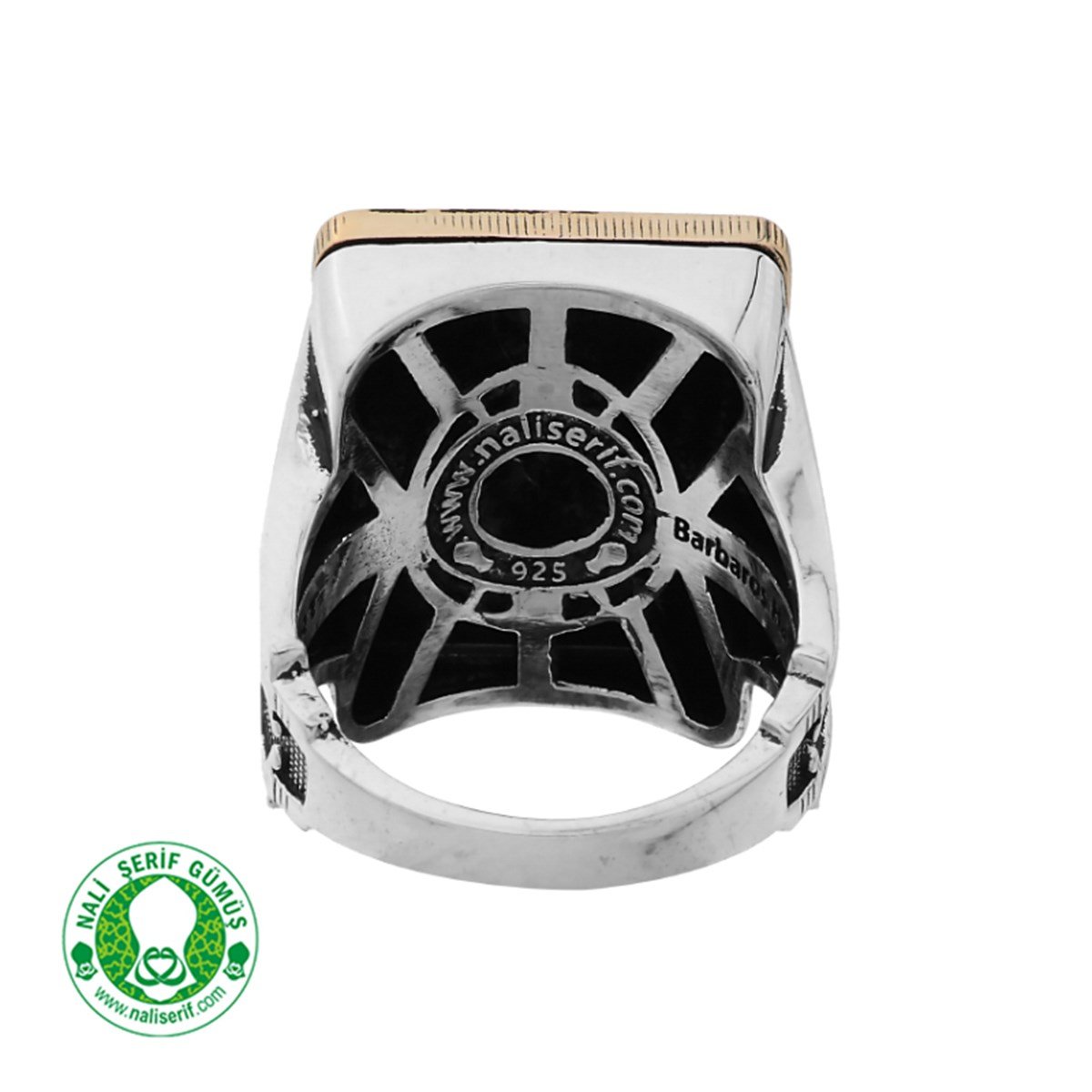 Dikdörtgen Kasalı Nali Şerif ve Zülfikar Kılınç Kol İşlemeli Bordo Mineli Barbaros Hayrettin Paşa Sancağı Gümüş Erkek Yüzük 