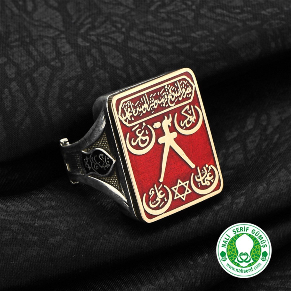 Dikdörtgen Kasalı Nali Şerif ve Zülfikar Kılınç Kol İşlemeli Bordo Mineli Barbaros Hayrettin Paşa Sancağı Gümüş Erkek Yüzük 