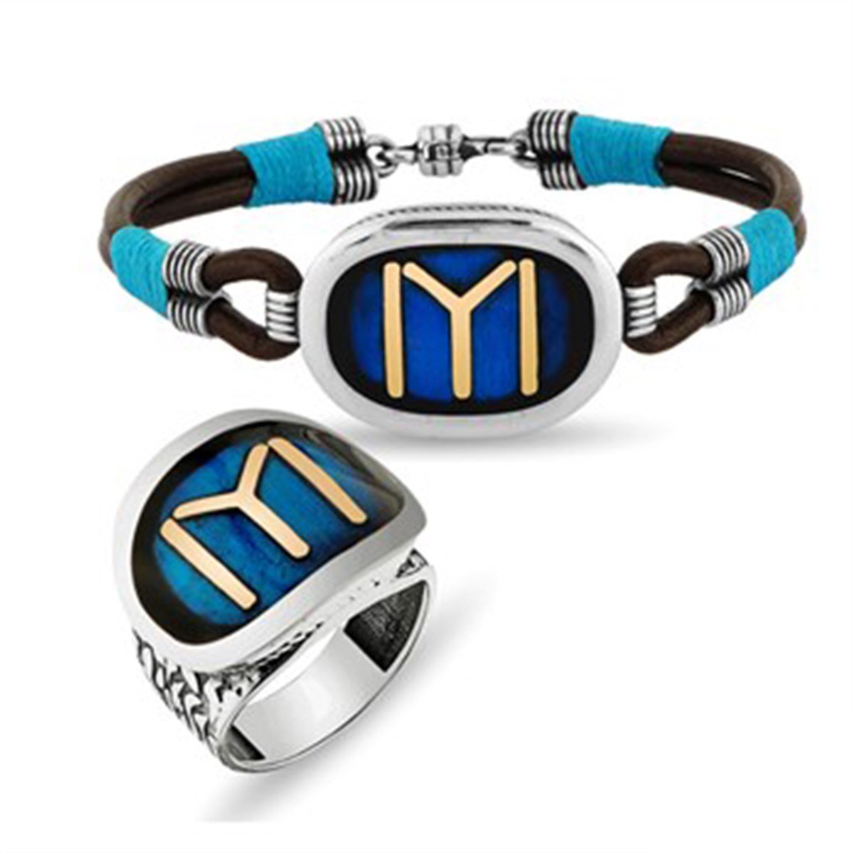 Diriliş Kayı Boyu Sancağı IYI Deri Gümüş Erkek Bileklik ve Gümüş Yüzük Kombini