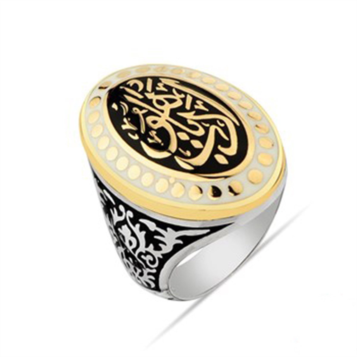 Edep Yahu Siyah Beyaz Mineli Gümüş Erkek Yüzüğü