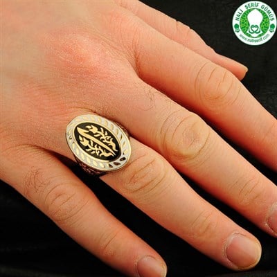 Elif Harfli Lale Motifli Siyah Beyaz Mineli Gümüş Erkek Yüzüğü