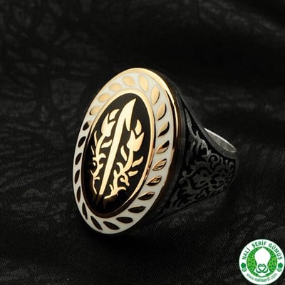 Elif Harfli Lale Motifli Siyah Beyaz Mineli Gümüş Erkek Yüzüğü