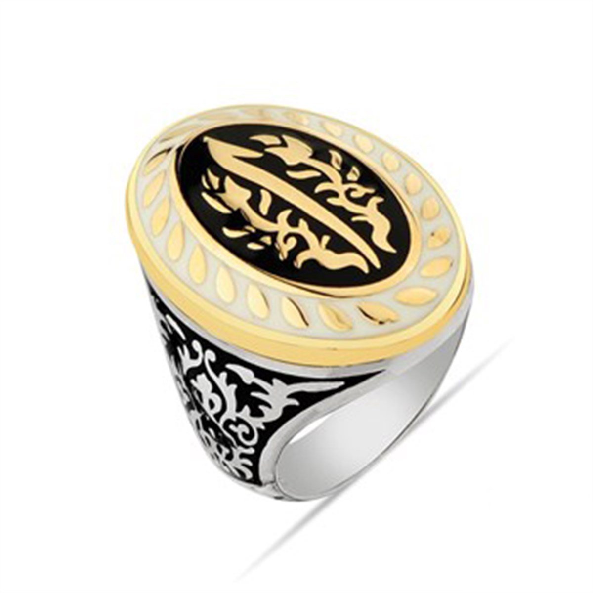 Elif Harfli Lale Motifli Siyah Beyaz Mineli Gümüş Erkek Yüzüğü