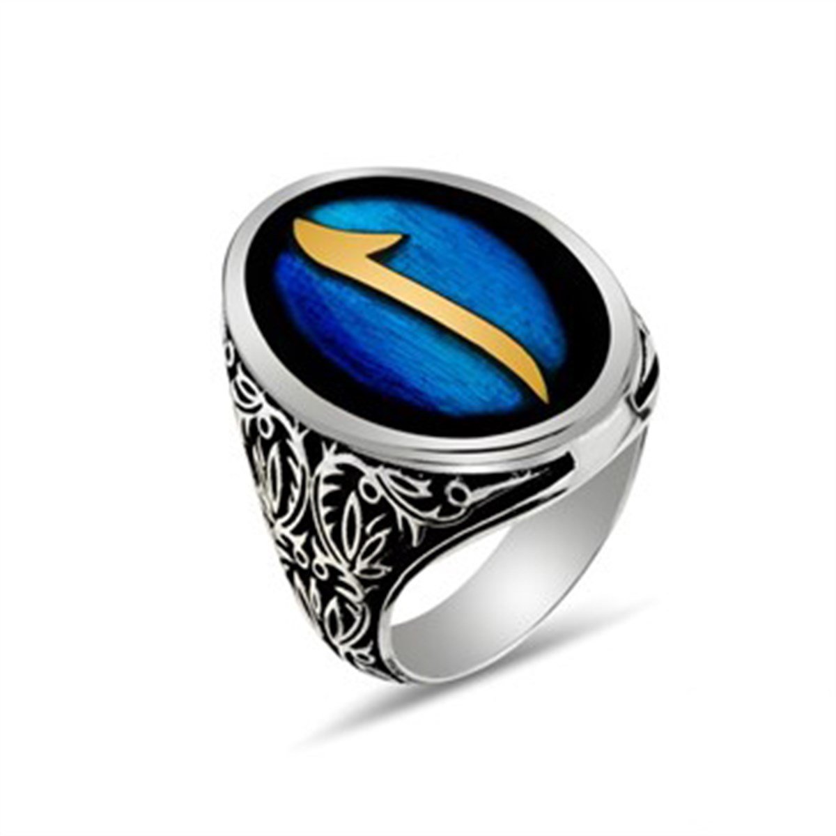 Elif Oval Mavi 925 Ayar Gümüş Erkek Yüzük