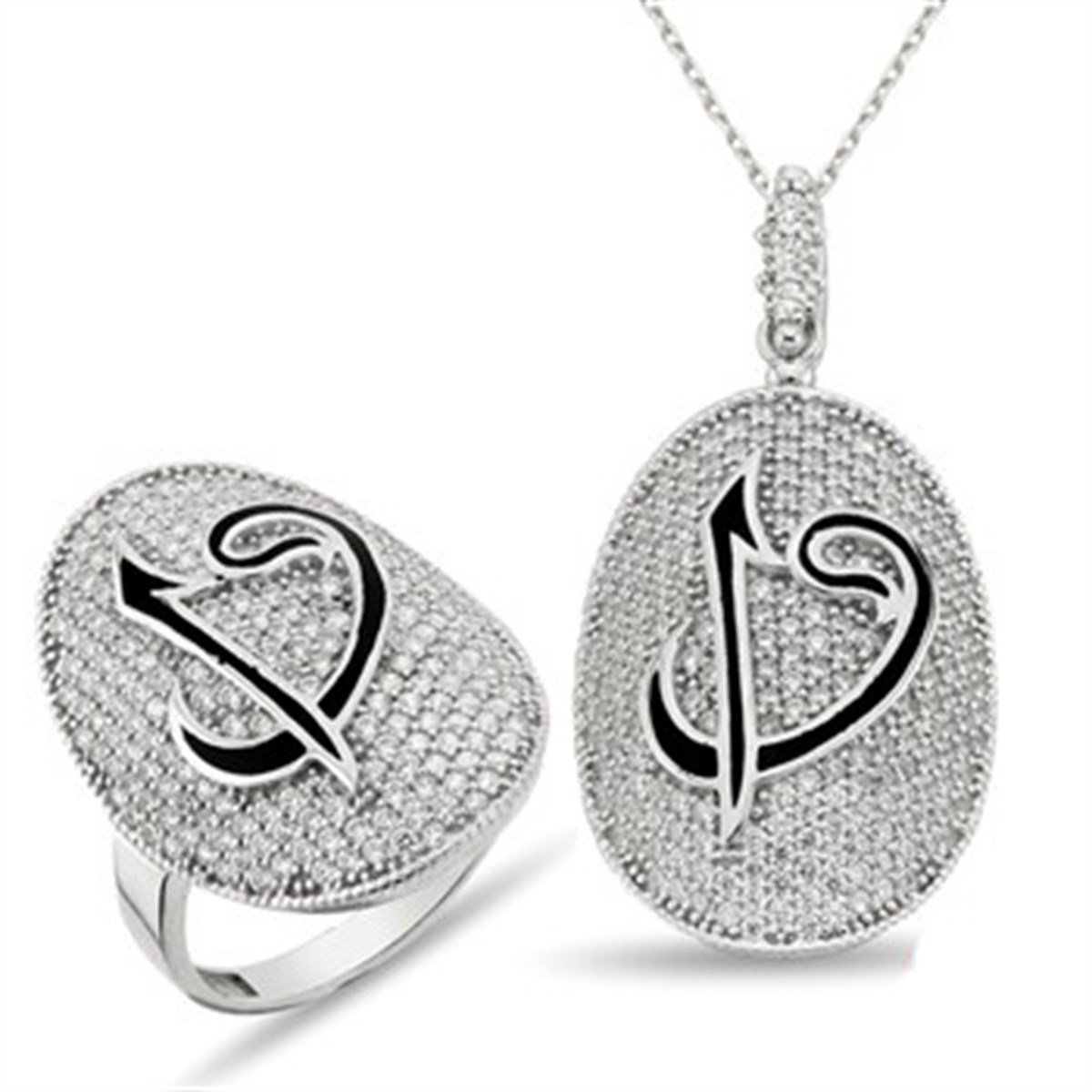 Elif Vav 925 Ayar Gümüş Yüzük Kolye ucu ve Zinciri Kombin