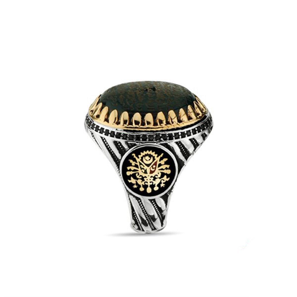 Elyazma Dualı 925 Ayar Gümüş Akik Taşlı Erkek Yüzüğü