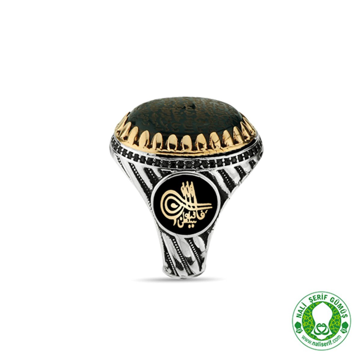 Elyazma Dualı 925 Ayar Gümüş Akik Taşlı Erkek Yüzüğü
