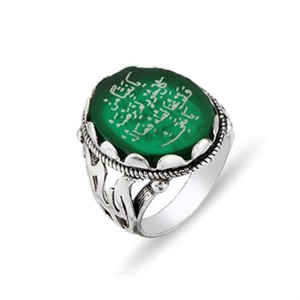 Erbaini İdrisiyye 15. İsmi Şerif Yeşil Akik Taşlı 925 Ayar Gümüş Yüzük