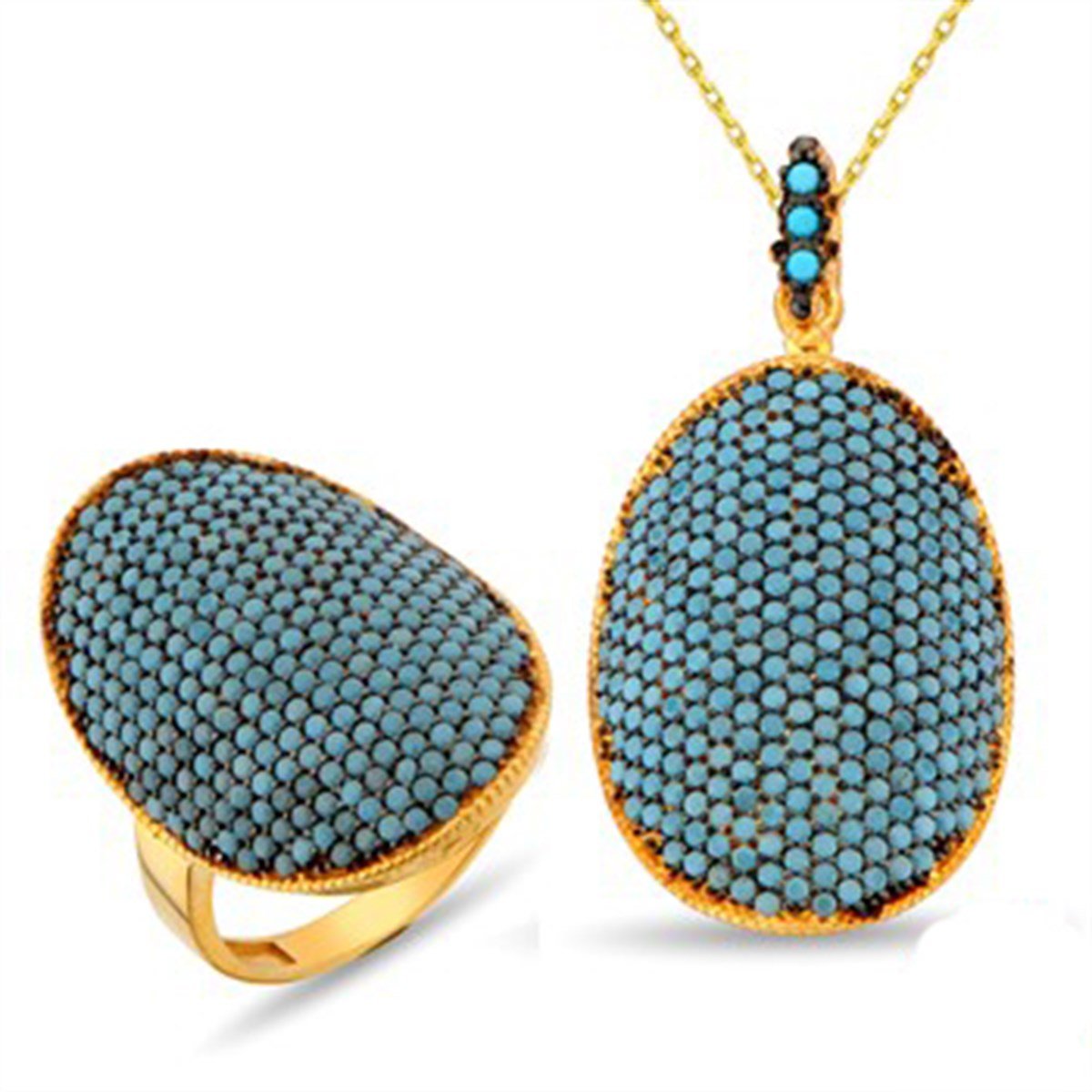 Firuze Turkuaz Taşlı Altın Kaplama 925 Ayar Gümüş Kolye Yüzük Kombini