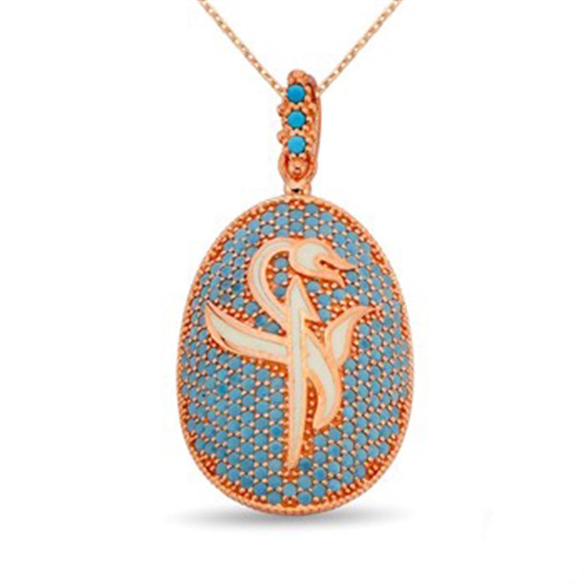 Firuze Turkuaz Taşlı Roz Kaplamalı 925 Ayar Gümüş Elif Bayan Kolye