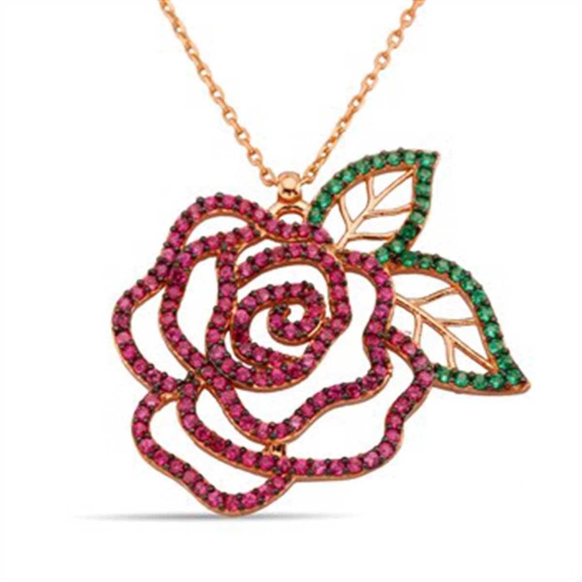 Gül Zümrüt Yeşili Ruby Taşlı Roz Kaplama Gümüş Bayan Kolyesi