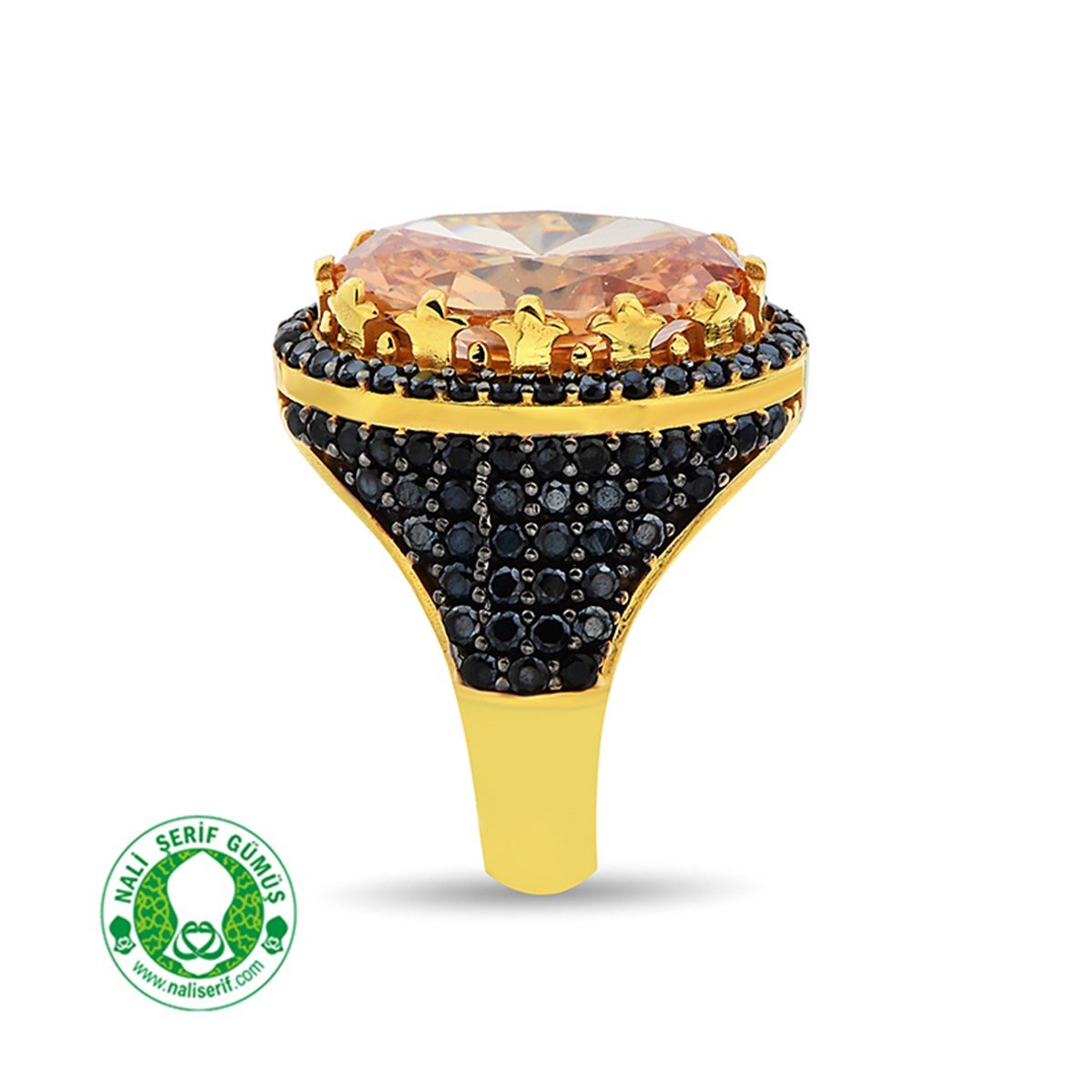 Gümüş Altın Kaplamalı Onixs Siyah Kenar Taşlı 12.16 Morganit Oval 925 Ayar Gümüş Bayan Yüzük