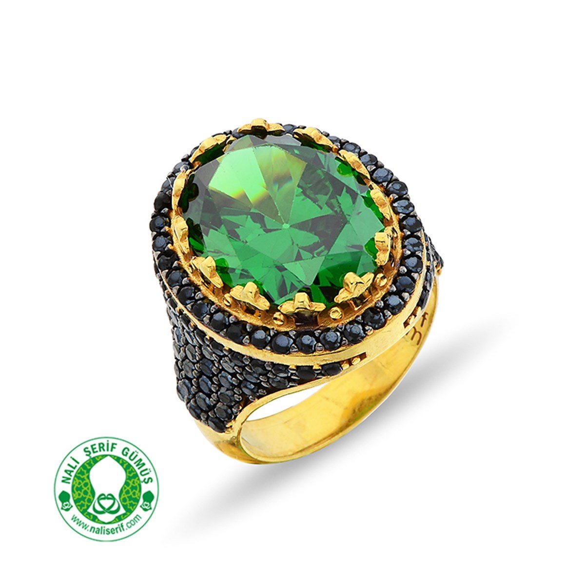 Gümüş Altın Kaplamalı Onixs Siyah Kenar Taşlı 12.16 Zümrüt Yeşili Oval 925 Ayar Gümüş Bayan Yüzük