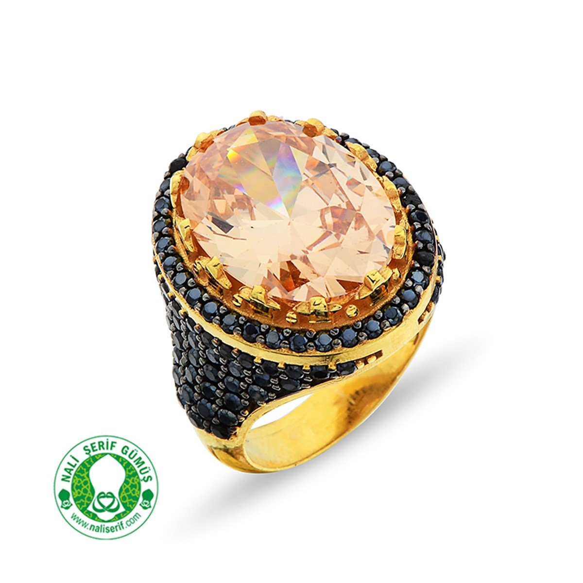 Gümüş Altın Kaplamalı Onixs Siyah Kenar Taşlı 12.16 Morganit Oval 925 Ayar Gümüş Bayan Yüzük