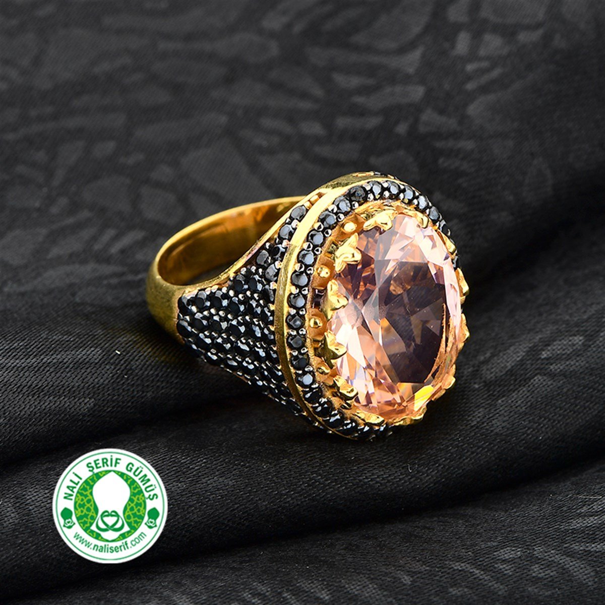 Gümüş Altın Kaplamalı Onixs Siyah Kenar Taşlı 12.16 Morganit Oval 925 Ayar Gümüş Bayan Yüzük