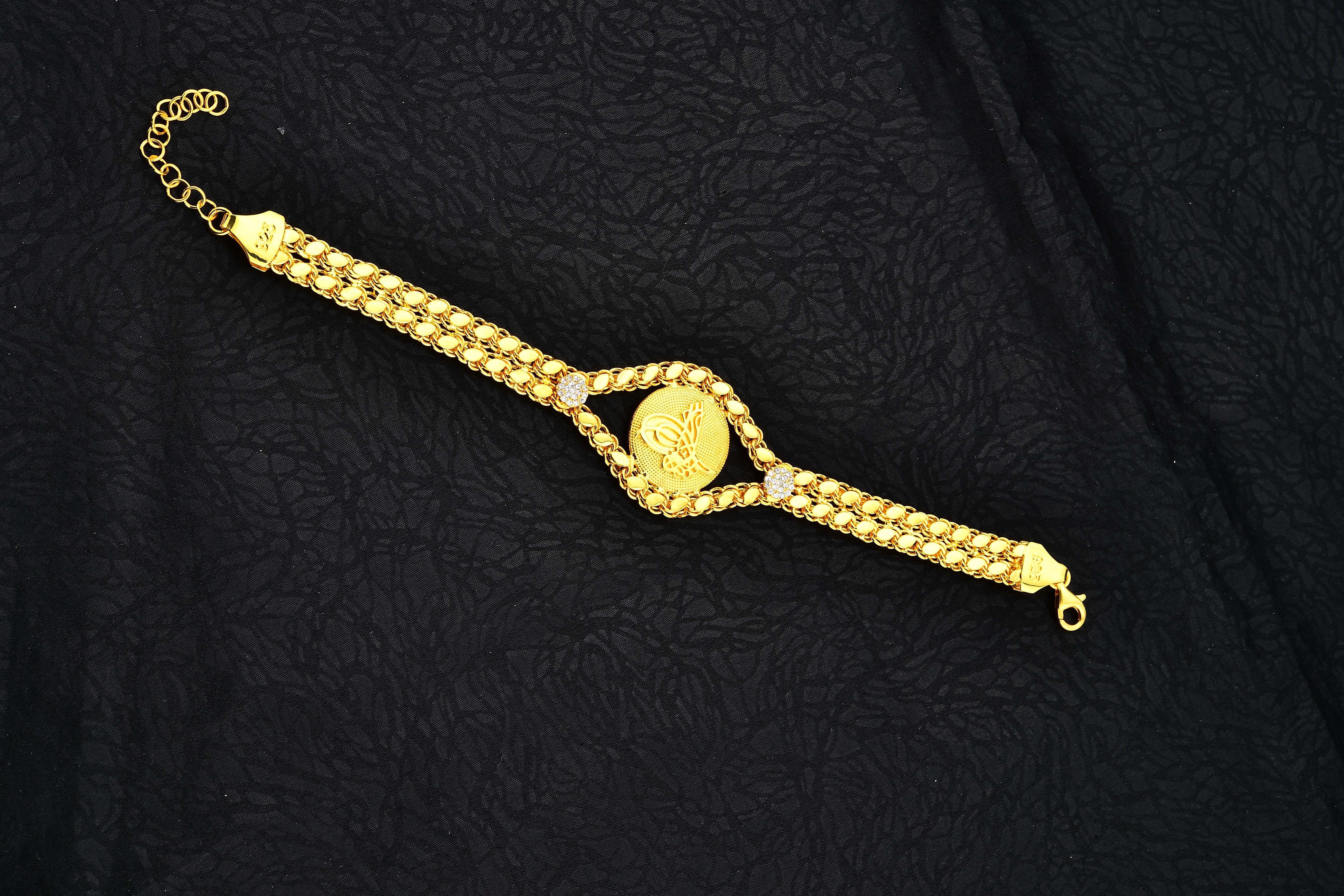 Gümüş Altın Kaplamalı Tuğralı Pullu Zincirli Bileklik