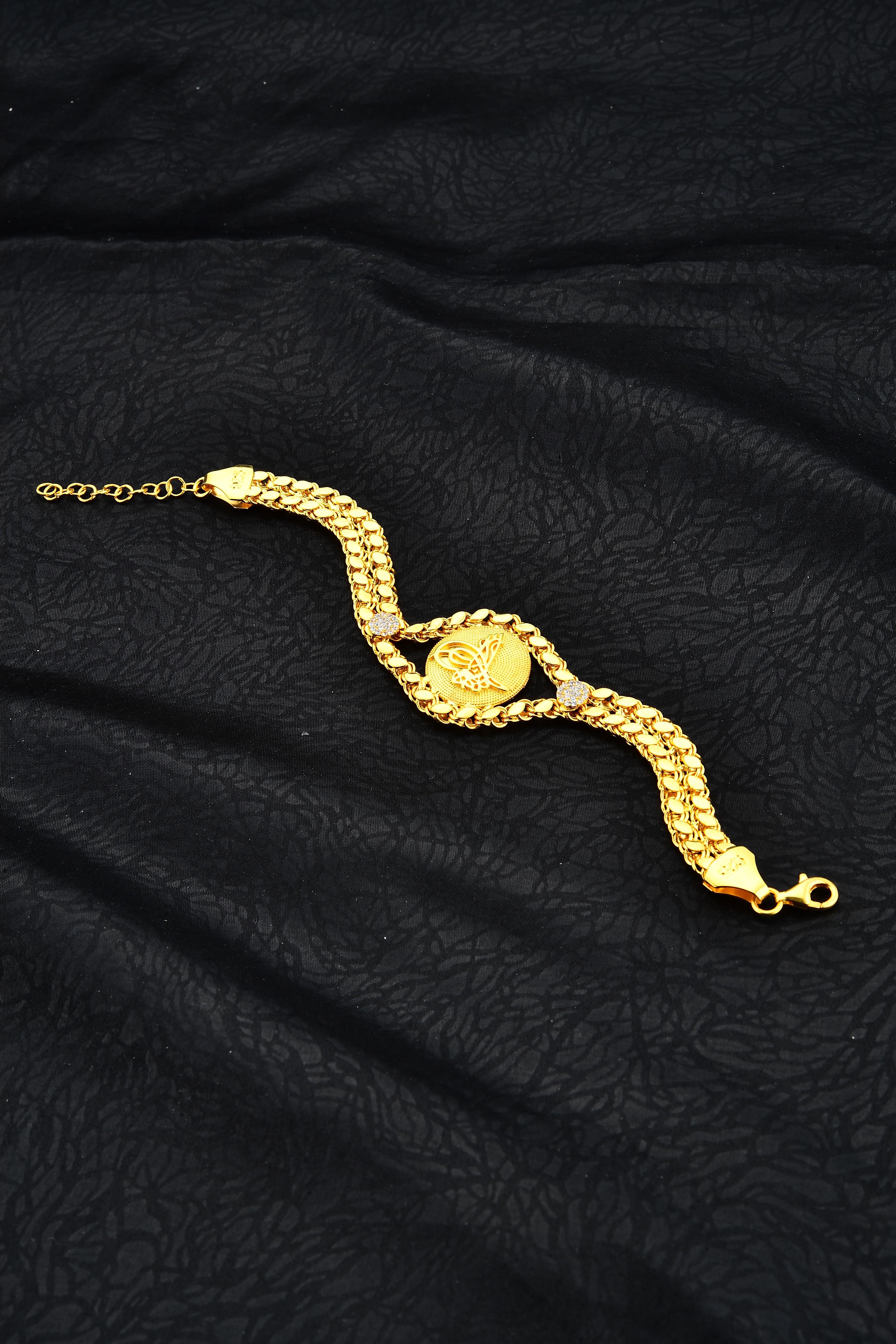 Gümüş Altın Kaplamalı Tuğralı Pullu Zincirli Bileklik