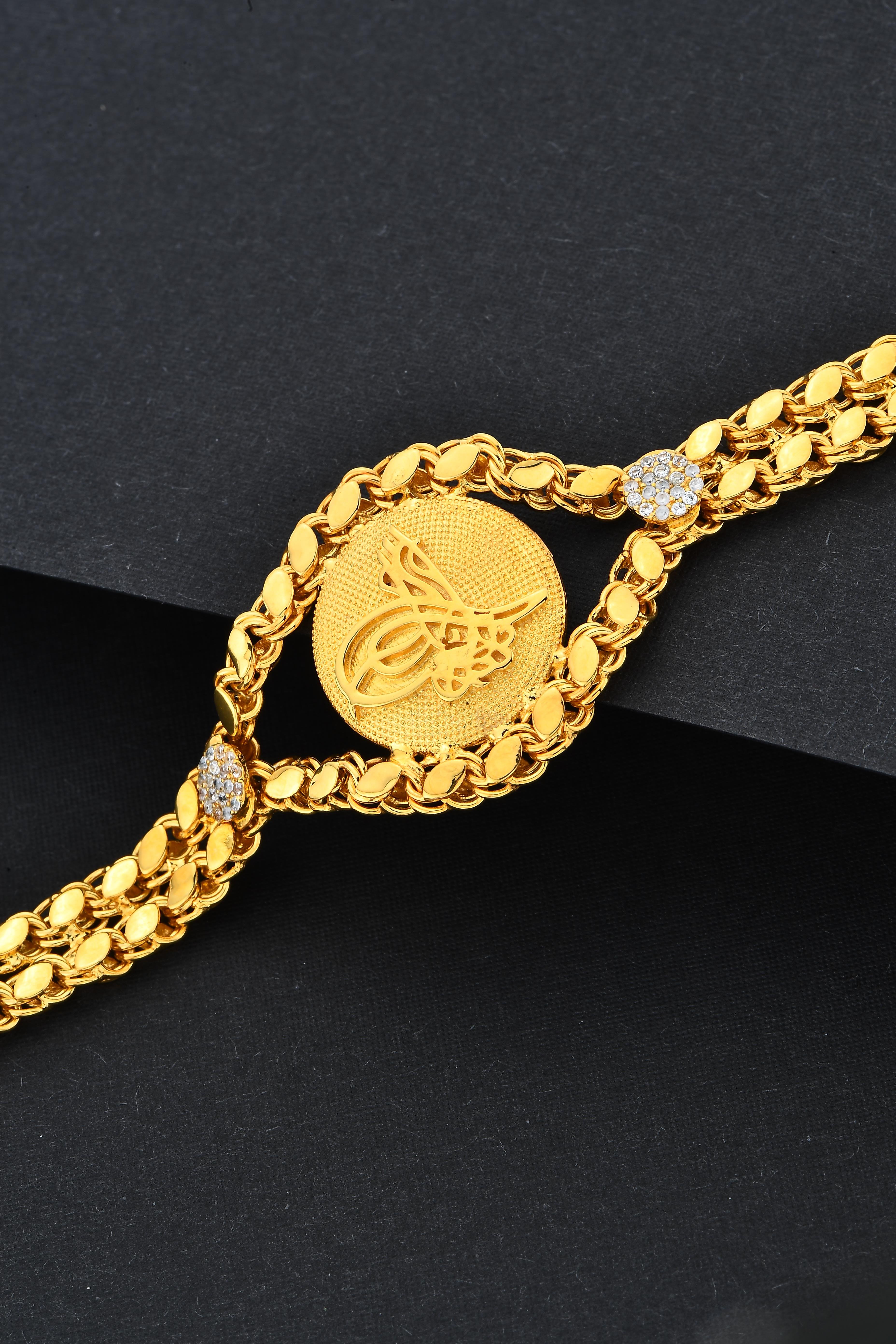 Gümüş Altın Kaplamalı Tuğralı Pullu Zincirli Bileklik