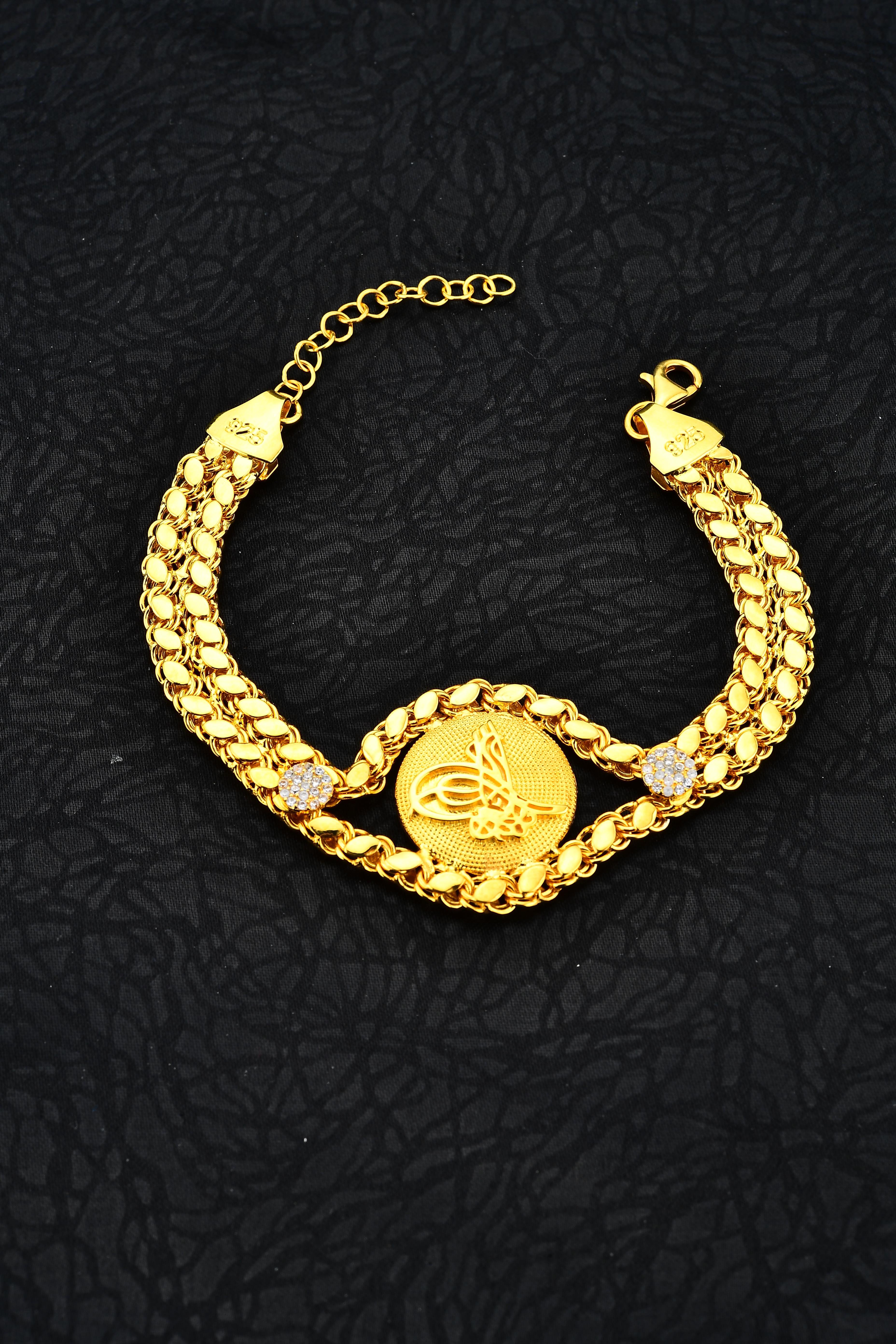 Gümüş Altın Kaplamalı Tuğralı Pullu Zincirli Bileklik