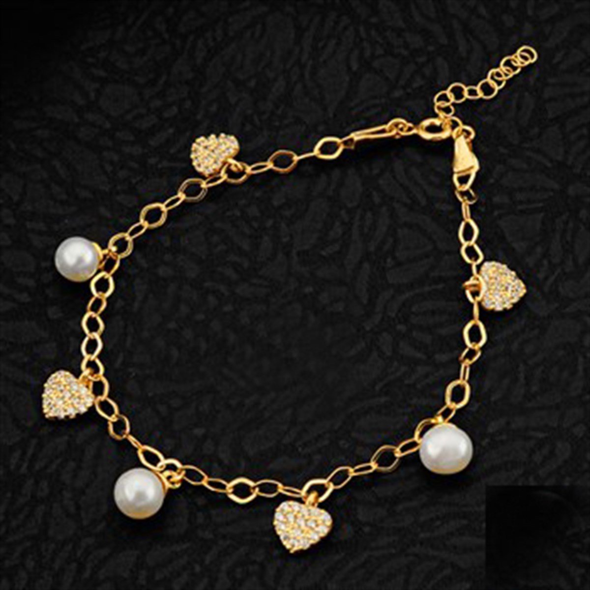 İnci Kalp Altın Kaplamalı 925 Ayar Gümüş Bayan Bileklik