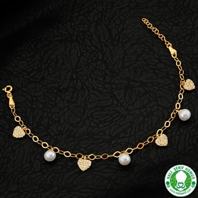 İnci Kalp Altın Kaplamalı 925 Ayar Gümüş Bayan Bileklik