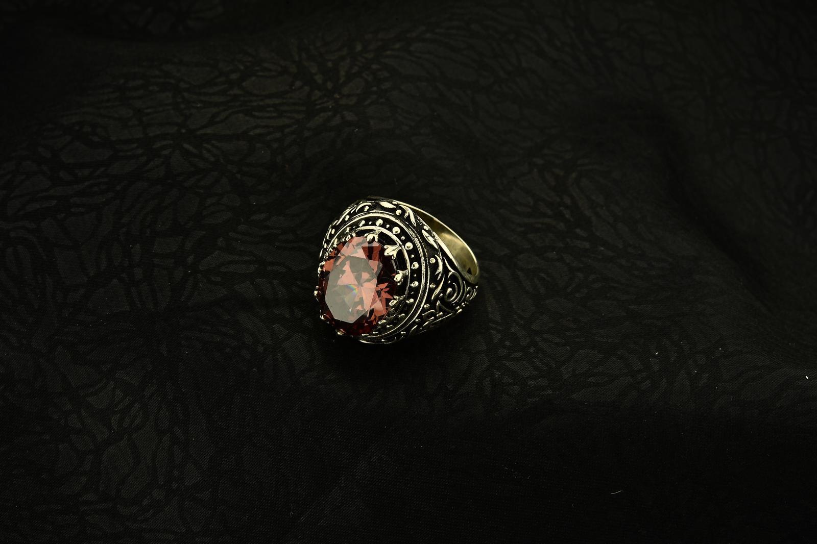 Kabartma Desen İşlemeli Kristal Kesim Brown Kahverengi Taşlı Oval Kasa 925 Ayar Erkek Gümüş Yüzük