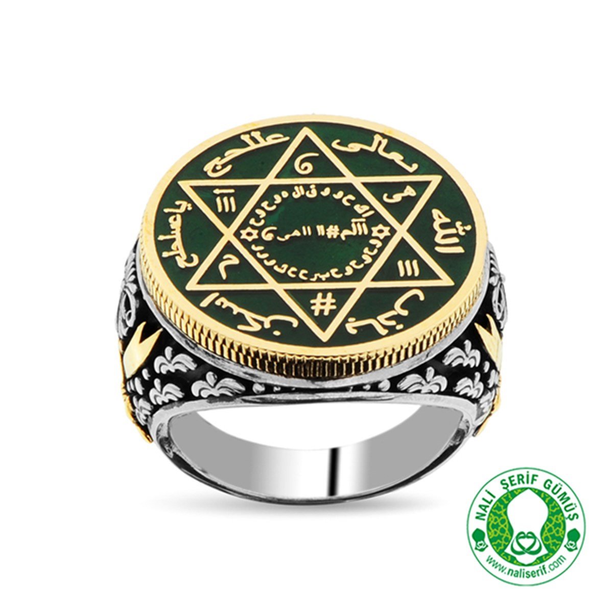 Kabartma Kılınç Kol İşlemeli Yeşil Mineli Tılsımlı Barbaroslar Mührü Süleyman Gümüş Erkek Yüzük
