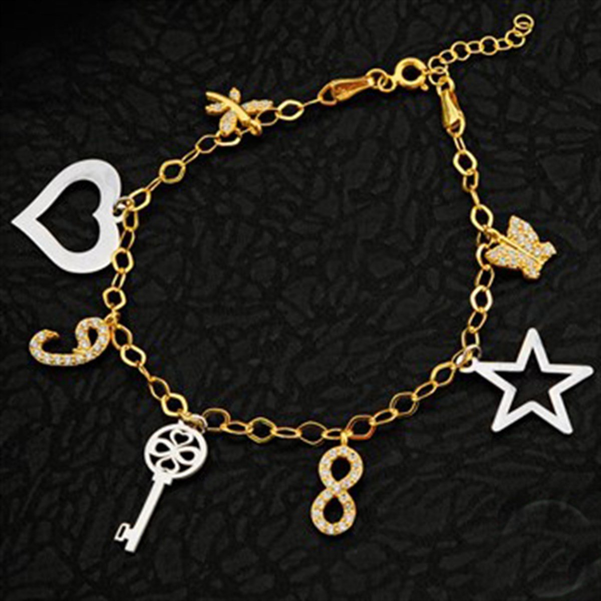 Kalp Anahtar Yıldız Pul Altın ve Beyaz İki Renk Kaplamalı 925 Ayar Gümüş Bayan Bileklik