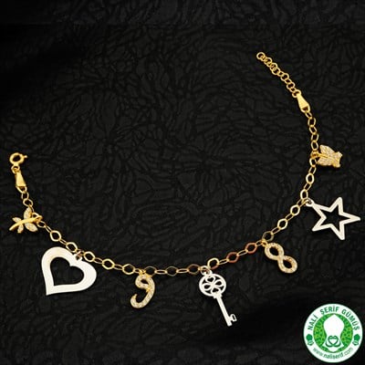 Kalp Anahtar Yıldız Pul Altın ve Beyaz İki Renk Kaplamalı 925 Ayar Gümüş Bayan Bileklik