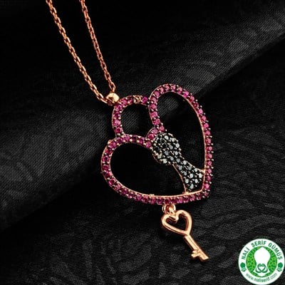 Kalp Anahtarı Roz Kaplama 925 Ayar Gümüş Bayan Kolyesi